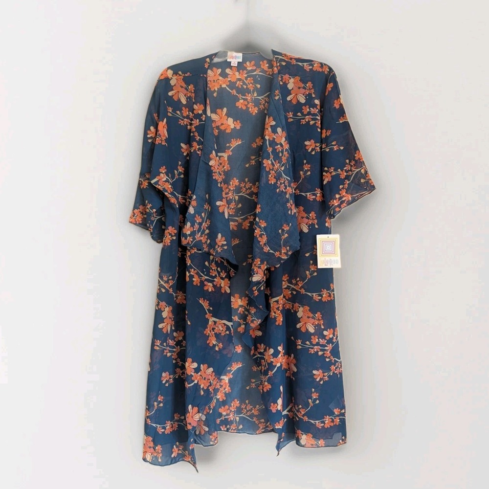 LuLaRoe Shirley Blue Sheer Cherry Blossom Long Cardigan Kimono Cover up Sz M